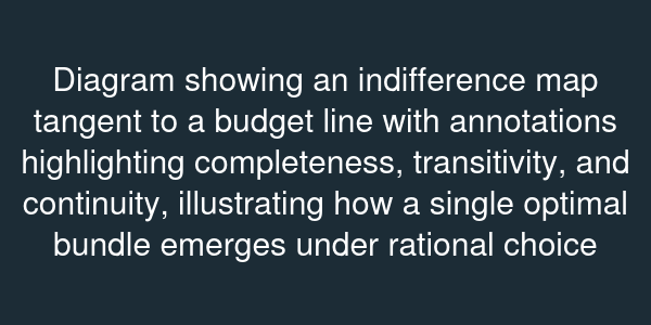 Diagram showing an indifference map tangent to a budget line with annotations highlighting completeness, transitivity, and continuity, illustrating how a single optimal bundle emerges under rational choice