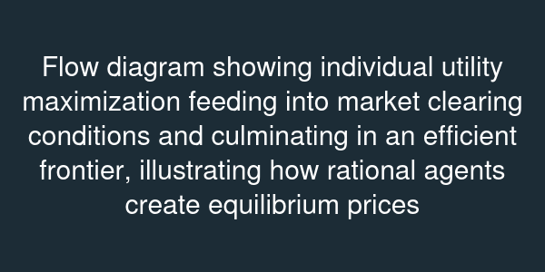 Flow diagram showing individual utility maximization feeding into market clearing conditions and culminating in an efficient frontier, illustrating how rational agents create equilibrium prices
