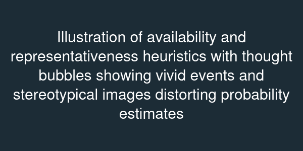 Illustration of availability and representativeness heuristics with thought bubbles showing vivid events and stereotypical images distorting probability estimates