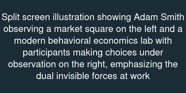 Split screen illustration showing Adam Smith observing a market square on the left and a modern behavioral economics lab with participants making choices under observation on the right, emphasizing the dual invisible forces at work